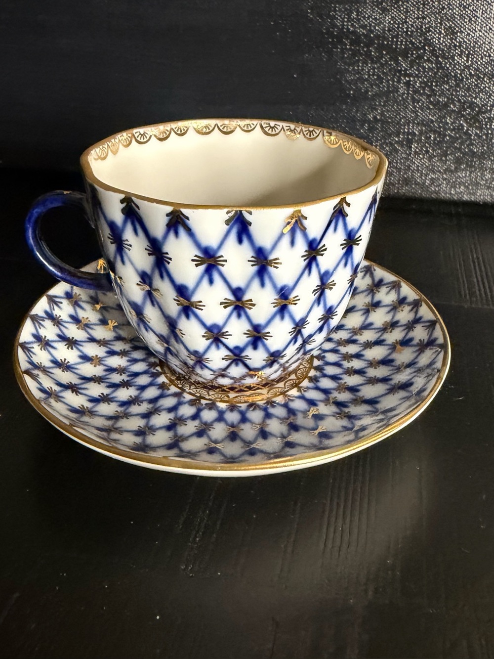 Vintage Lemonosov blue & Gold Porcelain Teacup and Saucer - Russian set